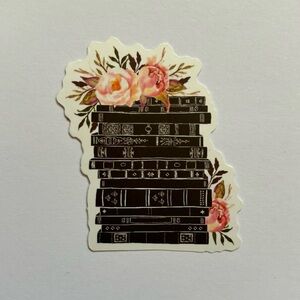 Illustrated Stack of Black Books with Pink Flowers Waterproof Sticker